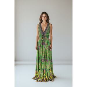 Camilla Green Printed Embellished Silk Maxi Dress
